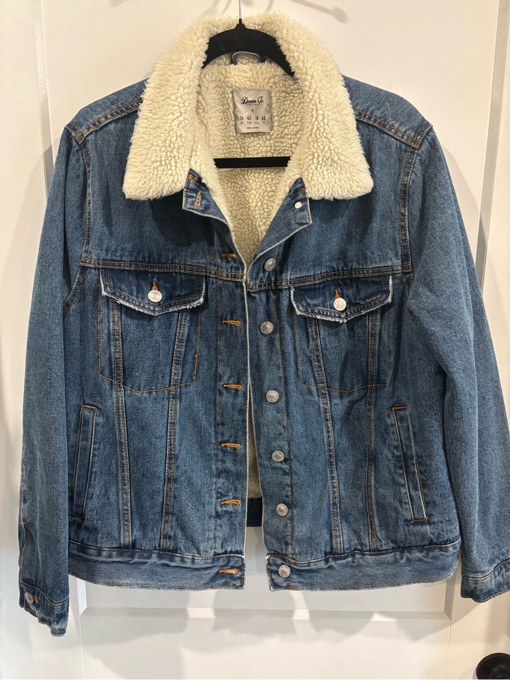 WOMENS  DENIM CO. Sherpa-Lined Denim Jacket medium blue snaps on front SZ 14